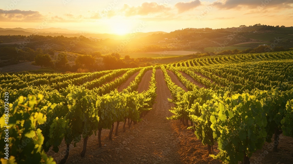 Fototapeta premium Albariño Day. Sunlit vineyard landscape with rolling hills at sunset