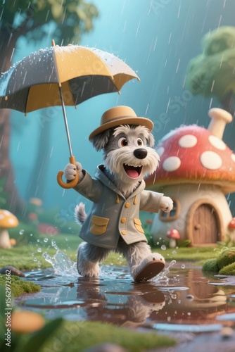 A cheerful animated dog wearing a hat and coat, holding an umbrella while splashing in a puddle near a mushroom house.