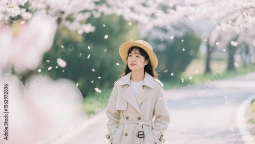 A person in a trench coat and hat stands amidst falling cherry blossoms in a serene park setting.