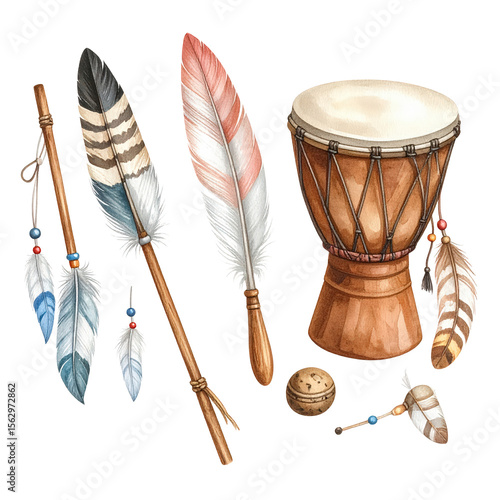 Collection of Native American Style Accessories Featu Feathers, Drum, and Traditional Decorative Items for Cultural and Artistic Displays
