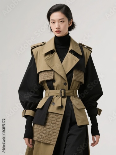 A person wearing a stylish beige and black layered outfit with a belted vest and textured details.