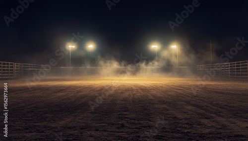 Empty rodeo arena at night, spotlights, dust, and stalls