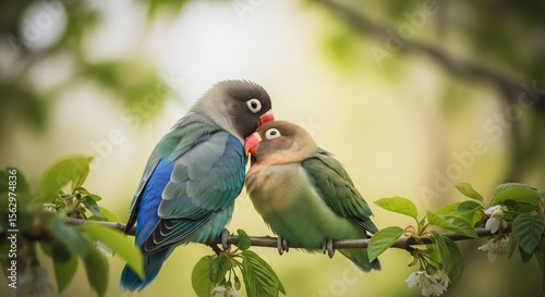 Two lovebirds perched closely on a branch, displaying affection in a natural, soft-focus setting.