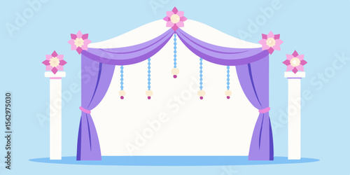 A vibrant cartoon circus tent with red and pink curtains stands on a grassy stage against a clear blue sky, perfect for summer carnival fun and party entertainment