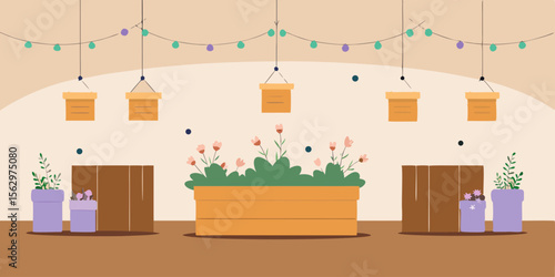 A cozy room interior with a shop window displaying flowers and plants, blending the charm of nature with comfortable home decor