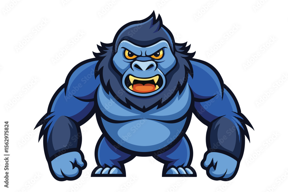 Cartoon blue gorilla with angry yellow eyes shows its teeth menacingly while standing Cartoon blue gorilla with angry yellow eyes shows its teeth menacingly while standing