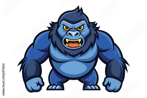 Cartoon blue gorilla with angry yellow eyes shows its teeth menacingly while standing