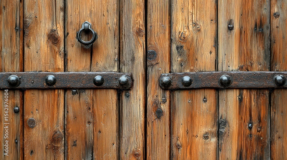 Fototapeta premium Rustic wood door, metal hardware, weathered texture detail