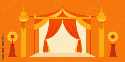 A vintage circus tent on a big red stage with a carnival atmosphere is depicted in this vector illustration