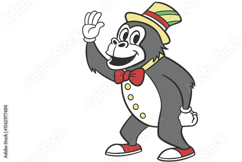 Cartoon gorilla waves his white gloved hand while wearing a hat and bow tie