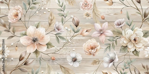 Elegant Pastel Floral Arrangement on Rustic Wooden Background A Seamless Pattern of Delicate Blooms and Greenery
