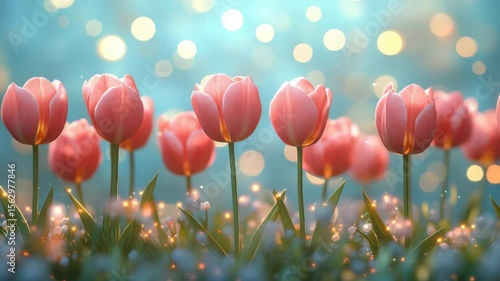 Soft pink tulip flower bloom in green garden with glowing bokeh light, peaceful spring nature scene under dreamy sky, enchanting flower field creating serene atmosphere