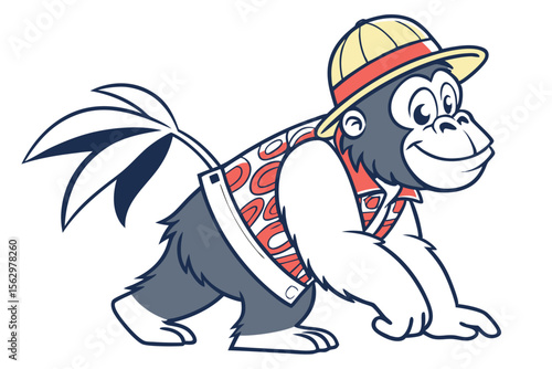 Wallpaper Mural Cartoon gorilla crawling, smiles while donning colorful hat and a patterned Hawaiian shirt Torontodigital.ca