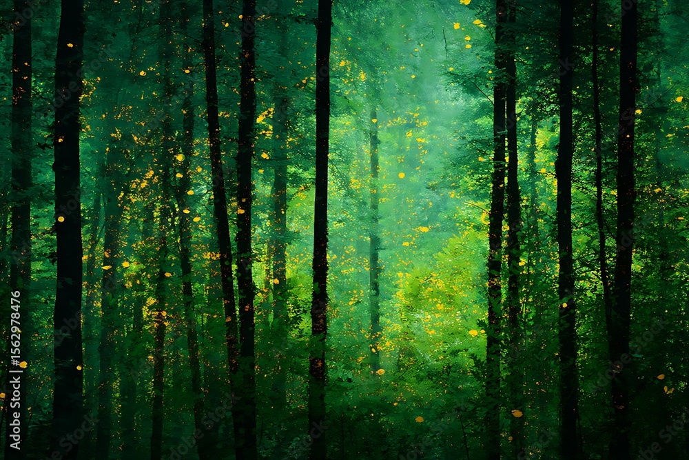 Naklejka premium deep forest with golden sunlight cutting through dark green shadows