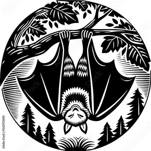 bat animal (linocut style)