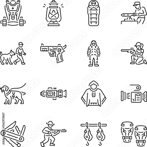 Set of Hunting Equipment Linear Style Icons 

