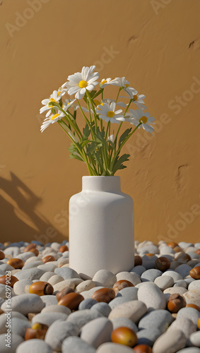 White flowers blossom on and around stones, creating a beautiful spring floral display