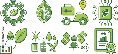 Vector art of a set of green technology icons isolated on transparent background, illustrating sustainable innovation and ecofriendly solutions.