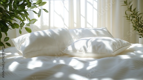 White pillow mockup on sunlit bed with greenery

