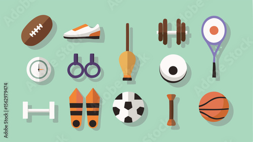 Flat lay illustration of various sports equipment items on a light green background design theme style