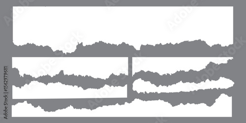 White realistic torn or ripped paper strip collection with grunge edges. Rips paper texture vector art background