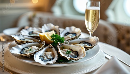 An elegant plate of fresh oysters with champagne, a true gourmet experience.