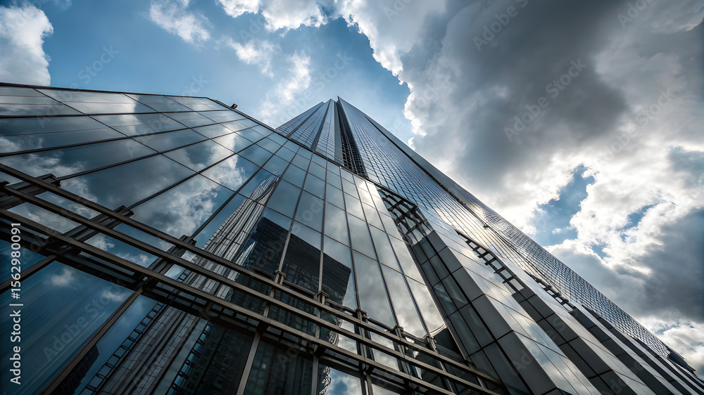 Fototapeta premium The Shard, a tall glass skyscraper in London, stands majestically against a clear blue sky