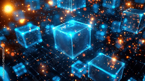Luminous grid cubes float amidst orange, blue bokeh