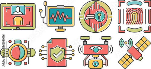 Vector art of a collection of colorful security icons, isolated on transparent background, depicting digital privacy, data protection, and surveillance technologies.