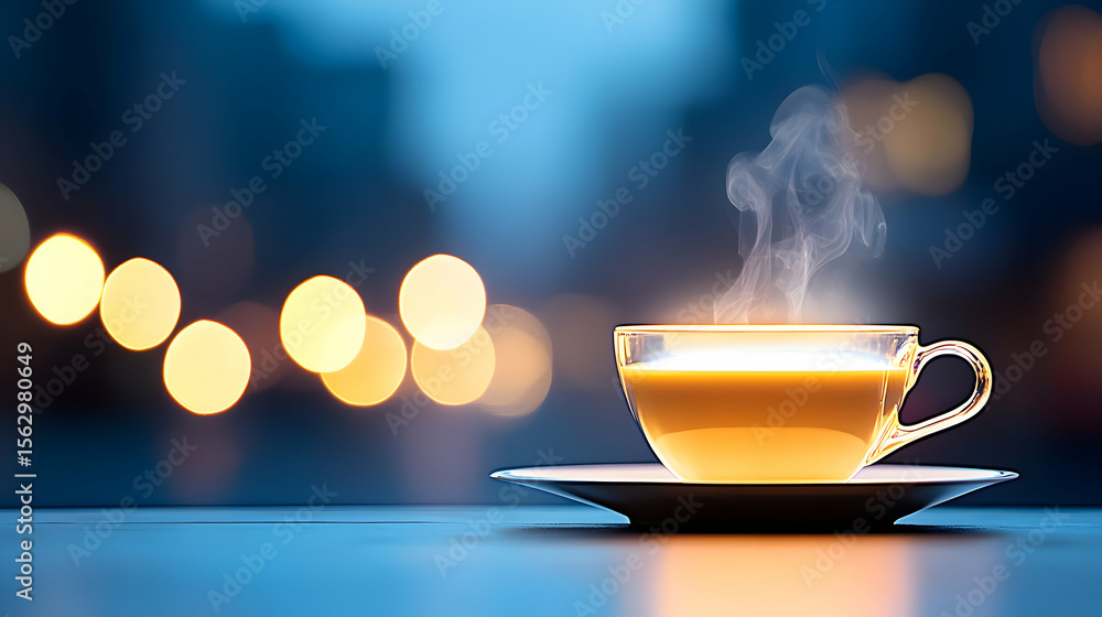 Obraz premium A futuristic coffee machine displaying a digital interface, with a holographic cup of steaming coffee, glowing with blue light, creating a high-tech and innovative atmosphere