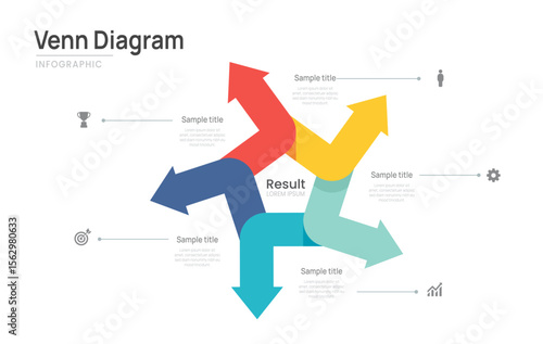 Venn diagram business infographic circle arro chart template 5 steps, presentation with venn diagram elements vector illustration.