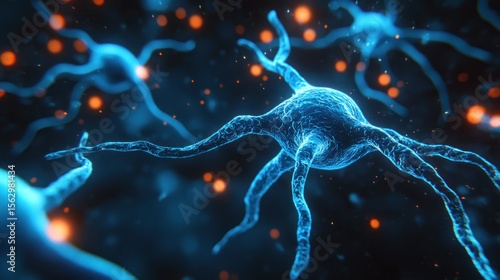 Neurons glow. Orange dots. Deep blue background. Sharp focus