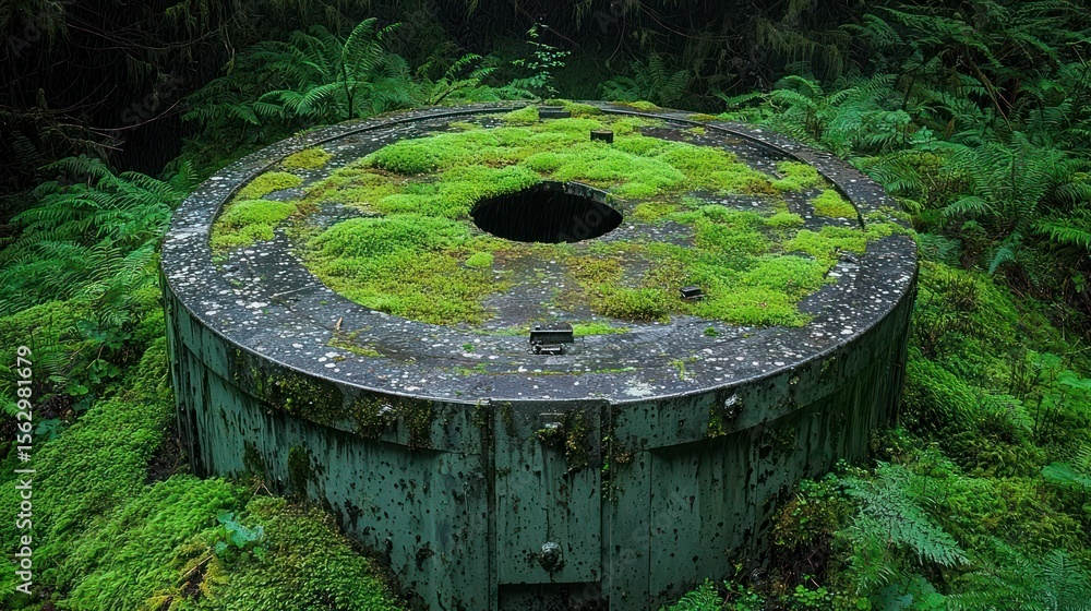 Fototapeta premium Mossy concrete cylinder structure in a forest