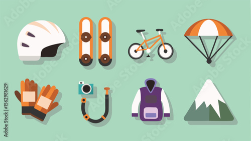 Illustration of outdoor adventure gear including helmet skis bicycle parachute camera jacket and mountain