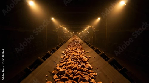 Rocks on conveyor belt in dark industrial setting moving materials overhead
