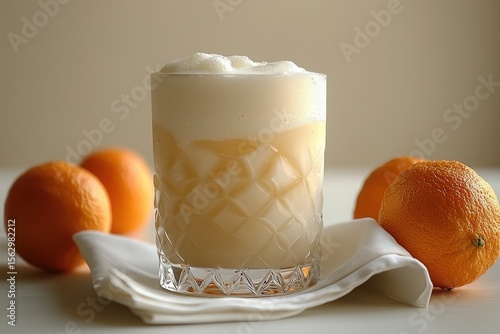 Refreshing orange cream cocktail with foam in crystal glass surrounded by fresh oranges