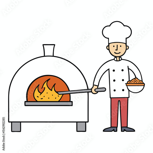 A skilled baker baking a pizza in a traditional wood oven, captured in vintage woodcut style—smoky warmth, rustic charm, and artisan passion in every carved detail.
