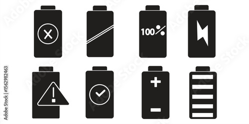 Battery icon, black and white color symbol, isolated on white background, vector illustration.

