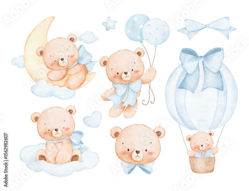 Watercolor Illustration Set of Baby Bears in Nursery Theme