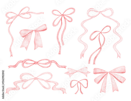 Watercolor Illustration Set of Pink Ribbon