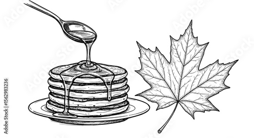 Delicious Stack of Pancakes With Sweet Maple Syrup and a Maple Leaf