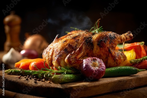 Wallpaper Mural Roasted chicken on a wood board garnished with vegetables herbs  spices Steam rises Torontodigital.ca