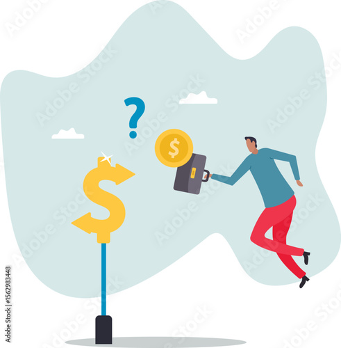 Money decision, investment choice or option to make profit, buy or rent, pay off debt or invest, select best earning asset,character for design.