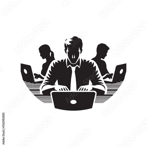 people working on laptop vector silhouette clip art logo design illustration.