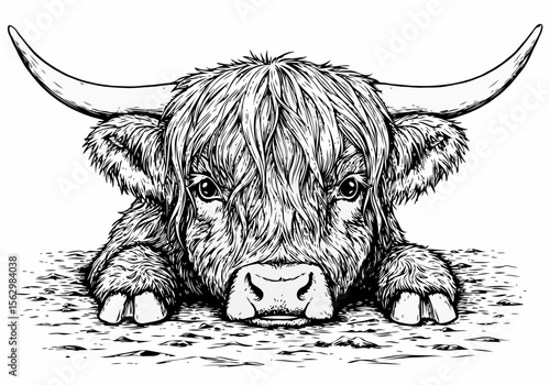 Detailed black and white illustration of a highland cow resting on textured ground