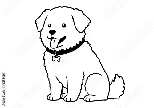 Cute cartoon dog with a collar and bone tag sitting happily