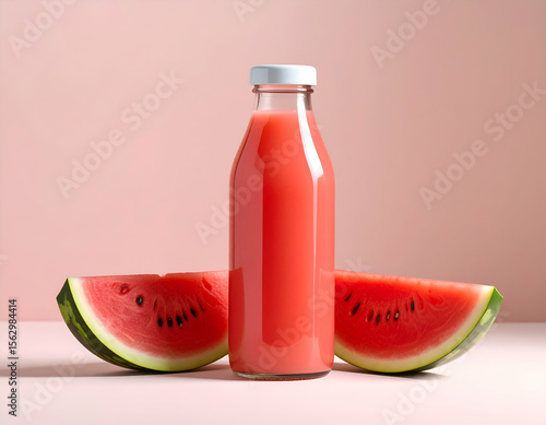 Refreshing Watermelon Juice Bottle Mockup & Slices on Blush Background