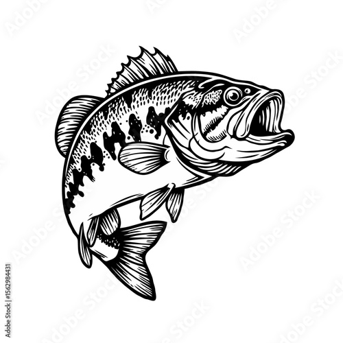 Black and white illustration of a largemouth bass jumping with its mouth open