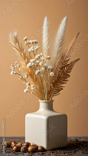 Dried wheat stalks and a single flower gracefully adorn a glass vase, complementing a cup of coffee