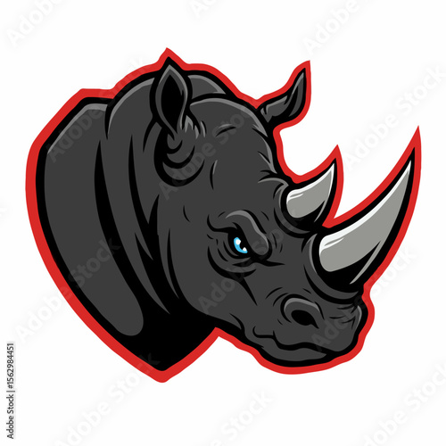 Fierce rhino head mascot with blue eyes and sharp horns